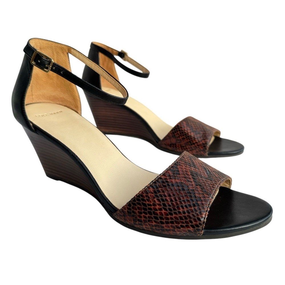 Cole Haan Women's 9 Rosalin Wedge Snake Print Black Leather Open Toe Heels Shoes